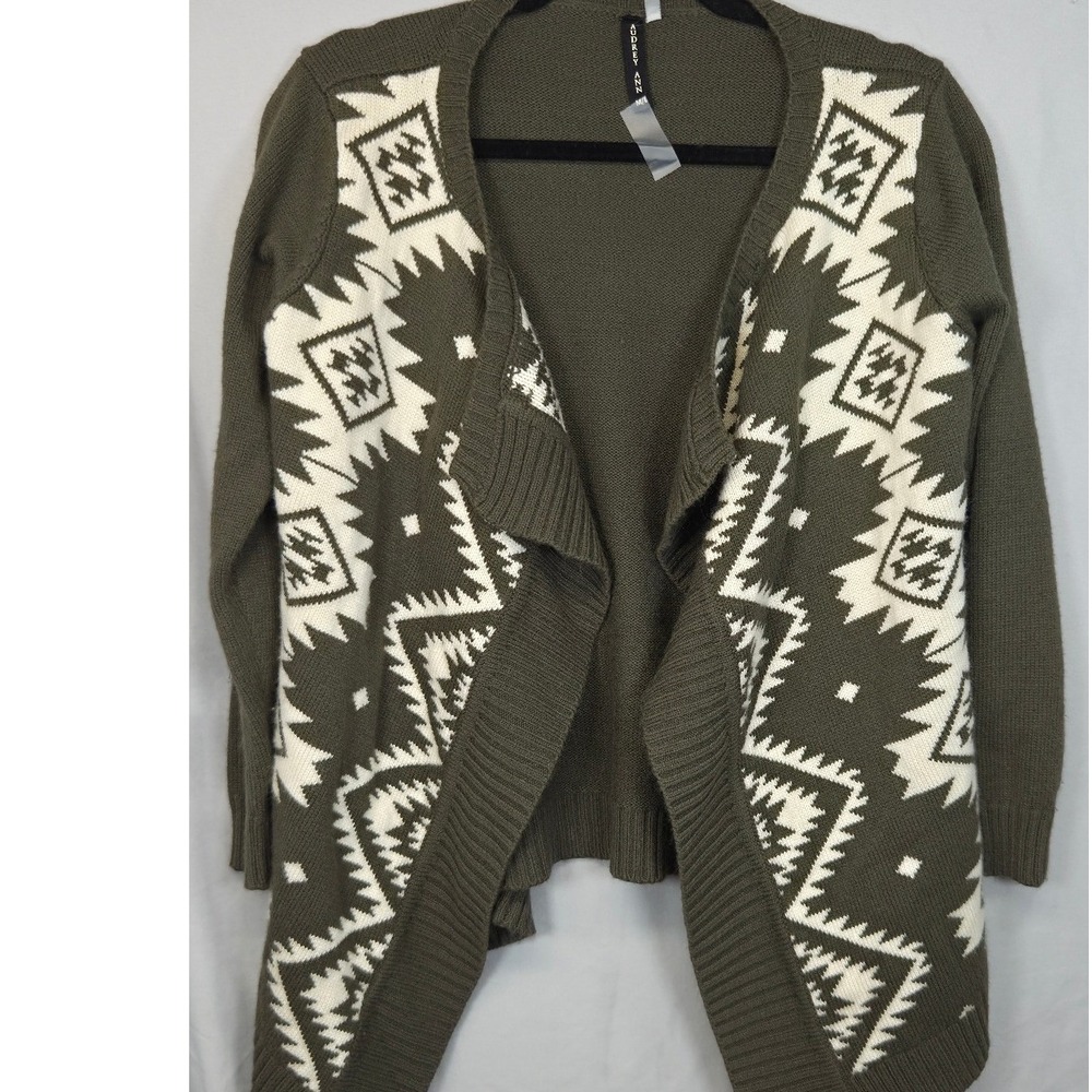 Audrey Ann Open Front Cardigan Women ML Olive Green Aztec Print Excellent Casual